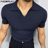 INCERUN Men Lapel Neck Short Sleeve Solid Color Casual Fitted T-shirts Tops