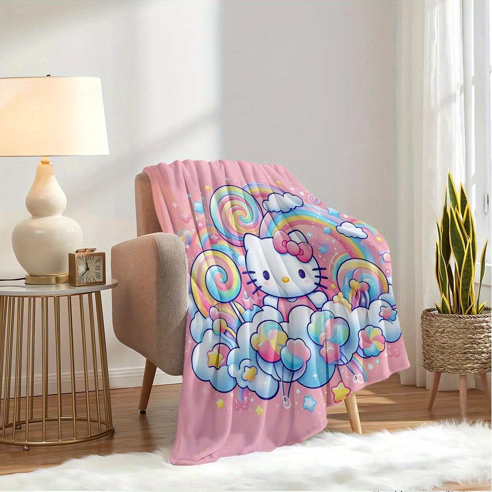 For Hello Kitty, Rainbow, Candy LandAnime-Themed Flannel Blanket, Glam Style, Digital Print, All-Season Comfort, Tear-Resistant, Knitted Cra