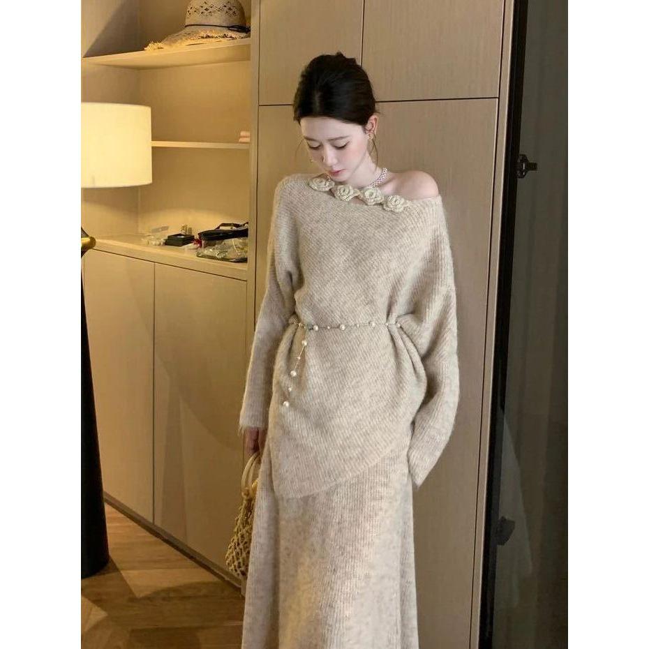 Elegant French 3D Floral Knit Sweater & Midi Skirt Set