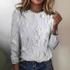 Spring and Autumn Round Neck 3D Flower Printed Top Casual Long Sleeved Women's T-shirts - Soft Medium Stretch Polyester Fabric Relaxed Fit Clothing