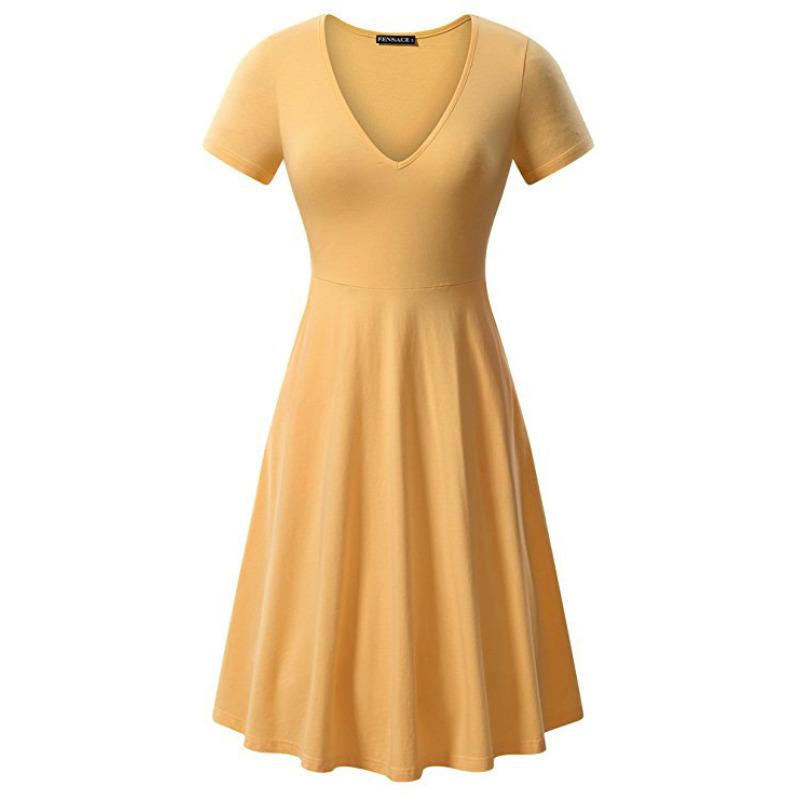 Spring and Summer Large Size Solid Color V-neck Short-sleeved Simple Loose Dress