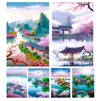 5D Diy Ζωγραφική με Διαμάντια Sakura House River Diamond Painting Φυσικό Τοπίο Όλα τα Μωσαϊκά Κεντήματα Σετ Εικόνας Διακόσμηση Τοίχου