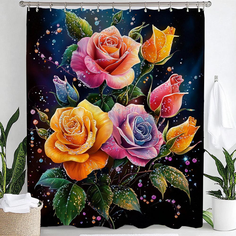 Rosebud Shower Curtain, Floral Plants, Spring Bathroom Decorative Shower Curtain, Waterproof Shower Curtain With Hooks