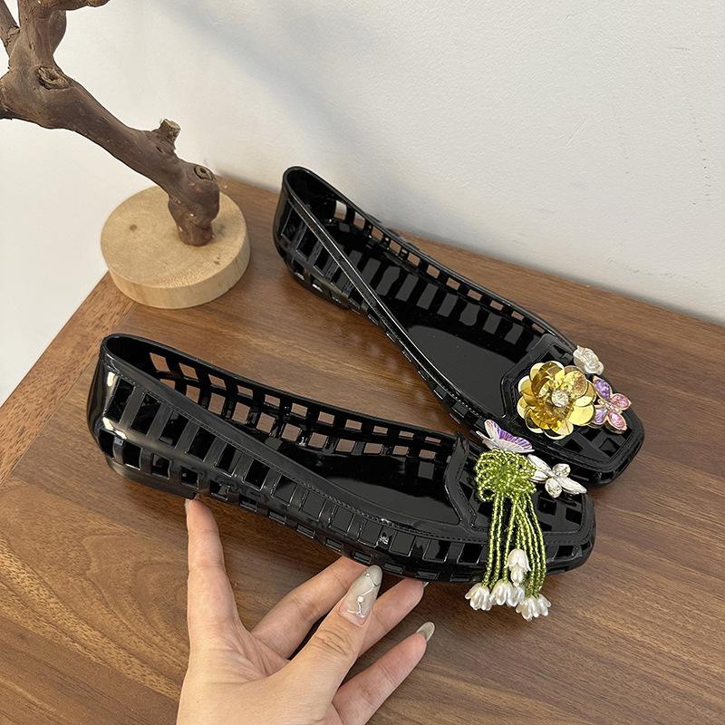 DIY Net Sandals Super Fire Korean Retro Hole Shoes Crystal Shallow Mouth Lazy Transparent Jelly Shoes Red Square Head Women's Shoes