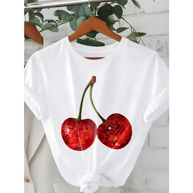 

Womens Casual Cherry Fun Printed Sleeved Tshirt Casual Womens Top Fashionable and Trendy Round Neck Top Aesthetic Clothes S