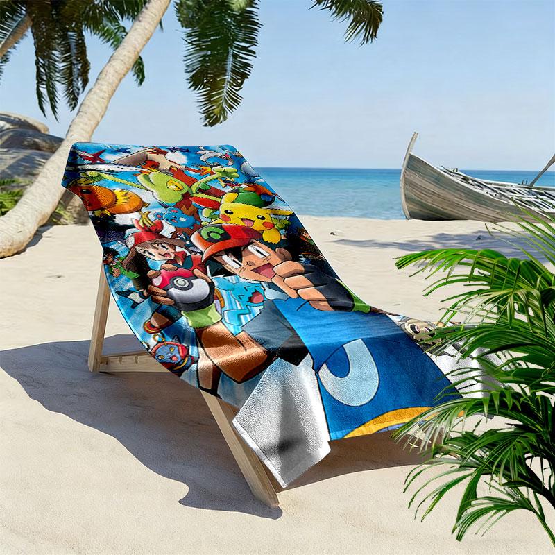 Cartoon Pokemon Print Beach Towel, Large Soft Quick Dry Towel for Beach Camping Swimming