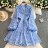 Abito Elegante Versatile a Linea A con Scollo a V, Maniche a Lanterna, Ricami alla Moda, Stile Vintage, per Estate e Autunno 2025