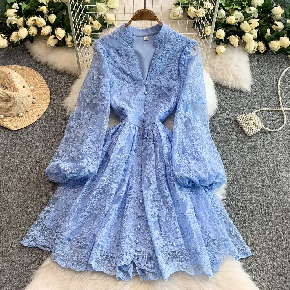Abito Elegante Versatile a Linea A con Scollo a V, Maniche a Lanterna, Ricami alla Moda, Stile Vintage, per Estate e Autunno 2025