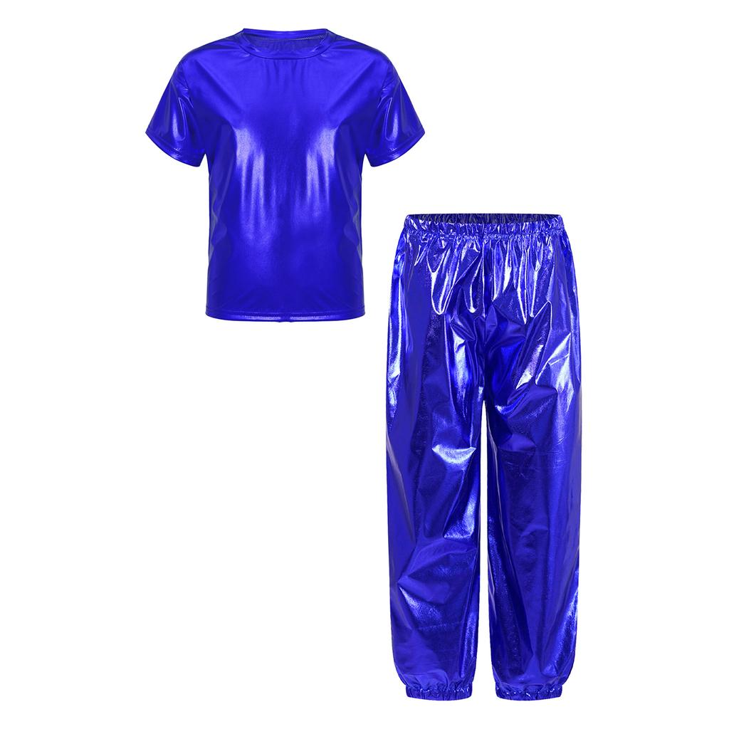 Unisex Kids Dance Costume Short Sleeve Round Neck Metallic Shiny T Shirt Performance Pants Set