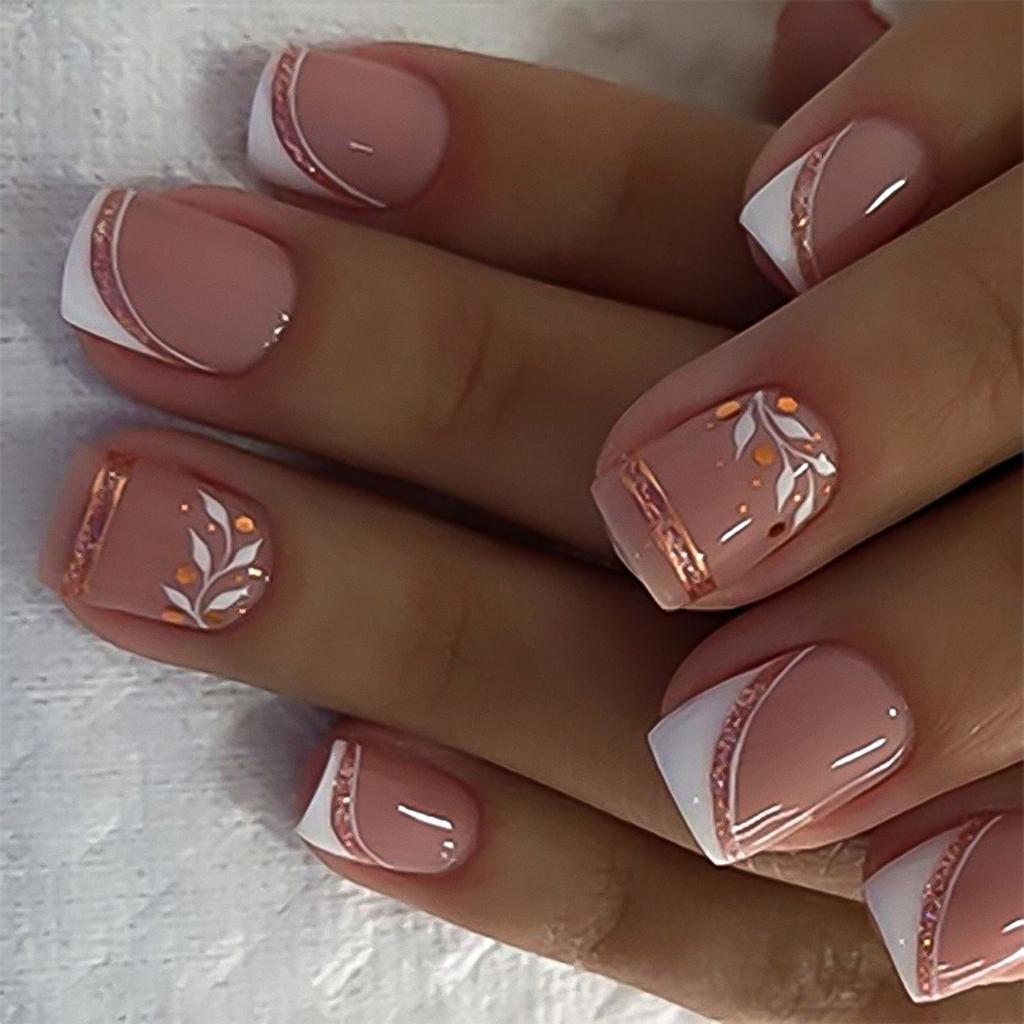 24 Pcs Glittering Press On Nail French Tips False Nail Leaf Full Cover Stick On Nail Short Square Acrylic Nail
