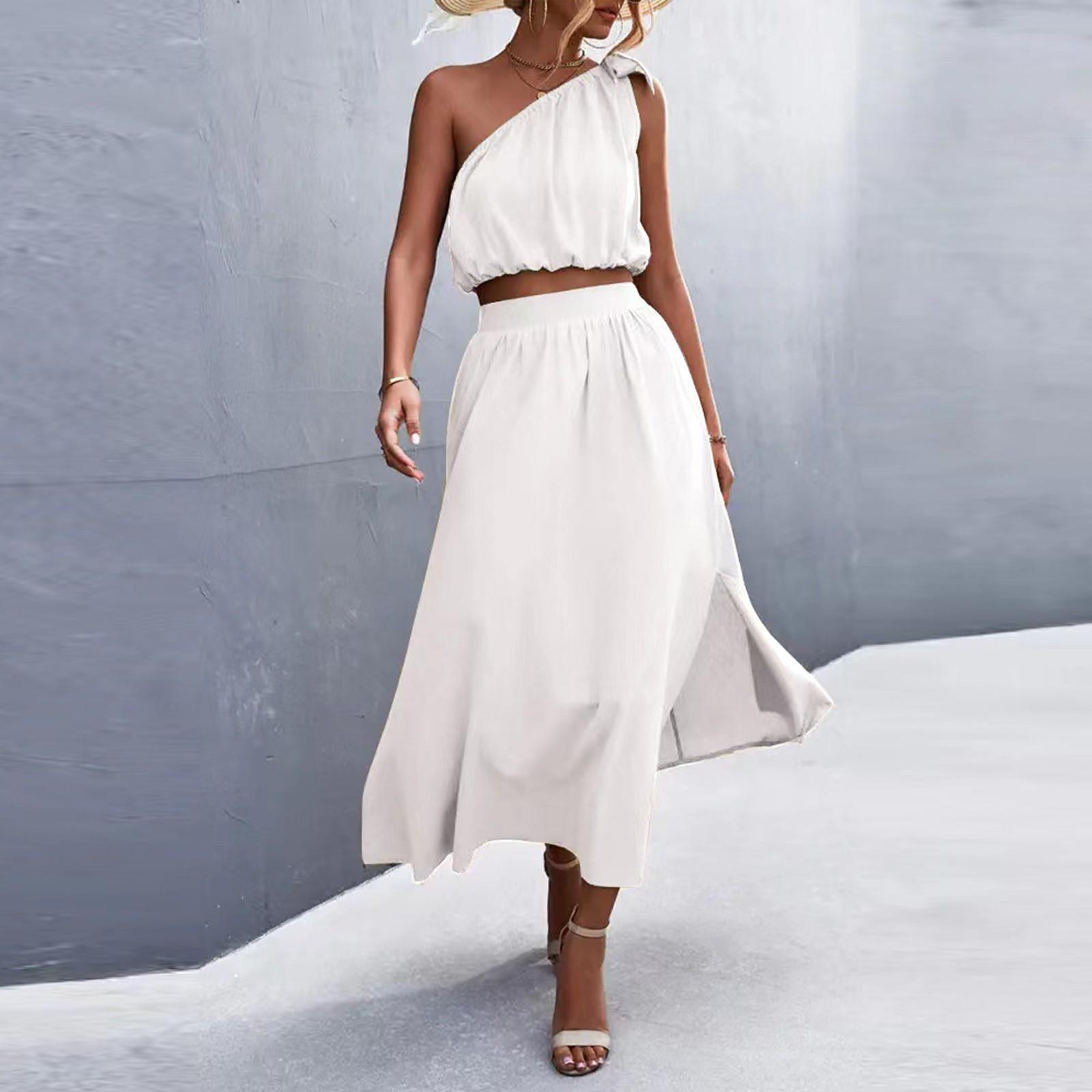 

Women s Summer Color Slanted Shoulder Bow Set Open Swing Dress Two Piece L білий