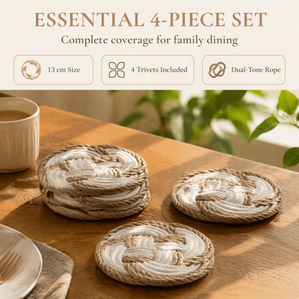 4pcs Braided Design Woven Drink Coasters Round Shape Cotton Coasters For Daily Household Use