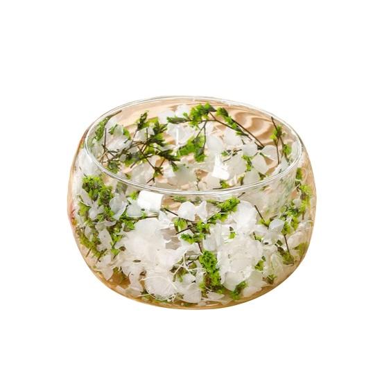 Doppelwandige Glasschale mit echten gepressten Blumen Hitzebeständig Kältebeständig Transparent Lebensmittelschale für Salat Dessert Servieren Niedliche Heimküchendekoration