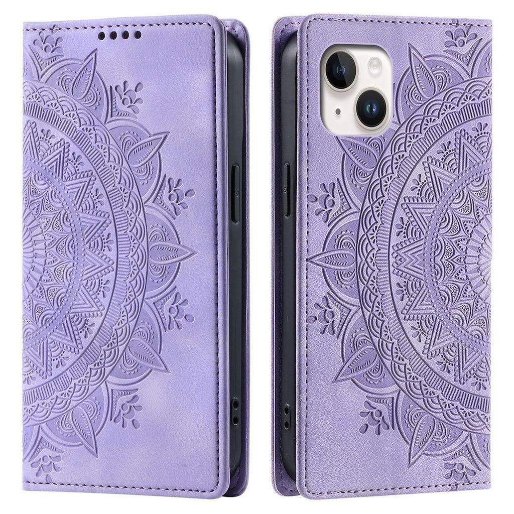 for iPhone 15 Plus,14 Plus,13 Mandala Embossed PU Leather Flip Wallet Case Magnetic Closure Cover