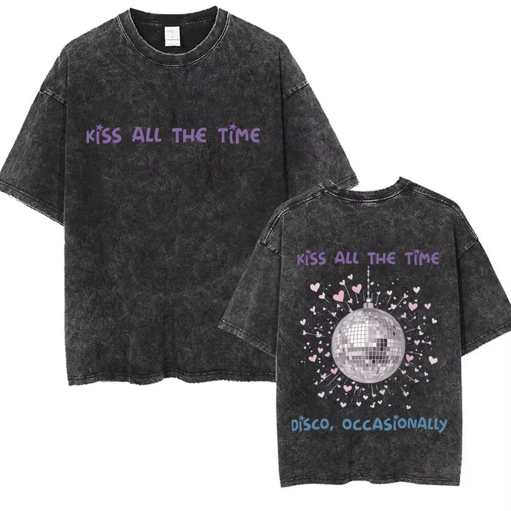 Küss Mich Immer Disco Gelegentlich Gewaschen Vintage T-Shirts Geschenk für Fans Männer Frauen Mode Popmusik Streetwear Männlich Oversized T-Shirt