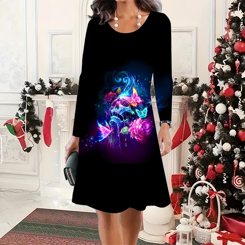 Novo Vestido Casual de Gola Redonda Feminino Outono & Inverno 2025 Estampa 3D de Halloween Presente Ideal de Halloween Natal