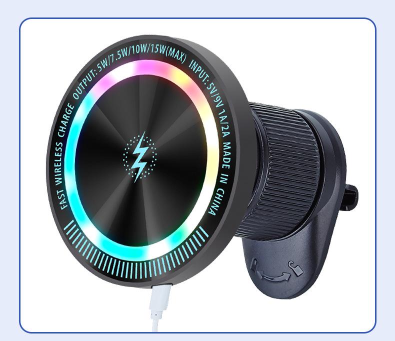 15W RGB Magnetic Car Wireless Charger & Phone Holder: Fast Charging with Colorful Atmosphere Light