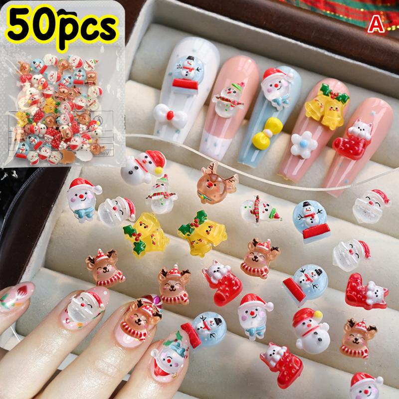 

{MX} 50Pcs 3D Cartoon Xmas Resin Nail Art Decorations Cute Santa Claus Snowman Elk Nail Charms DIY Christmas Nail Rhinestones