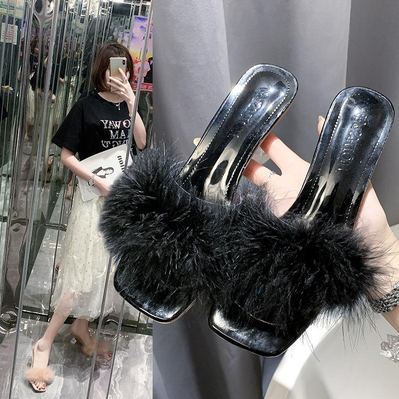 New Mao Mao Slippers Women's Outer Wear Summer Transparent Middle Heel Outdoor Slippers Women's Shoes