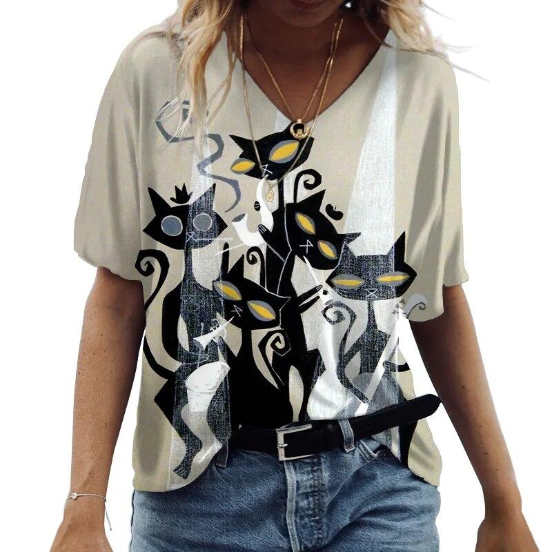 3d V Neck Women's T-shirts Cute Cats Graphics Print Short Sleeve Summer Kawaii Fashion Casual Tee Shirts Funny Female Clothes