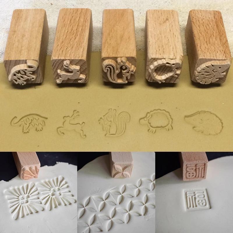 1Pc Hand Carved Wooden Stamps Emboss Art DIY Clay Printing Pottery Tools Fish Bone / Squirrel / Flower / Deer / Star