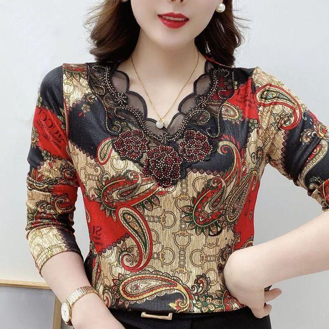 Spring Autumn New Elastic Tshirt Slim Long Sleeve Bottoming Shirt Women's Versatile Fashion Print Pullovers Top L-5XL