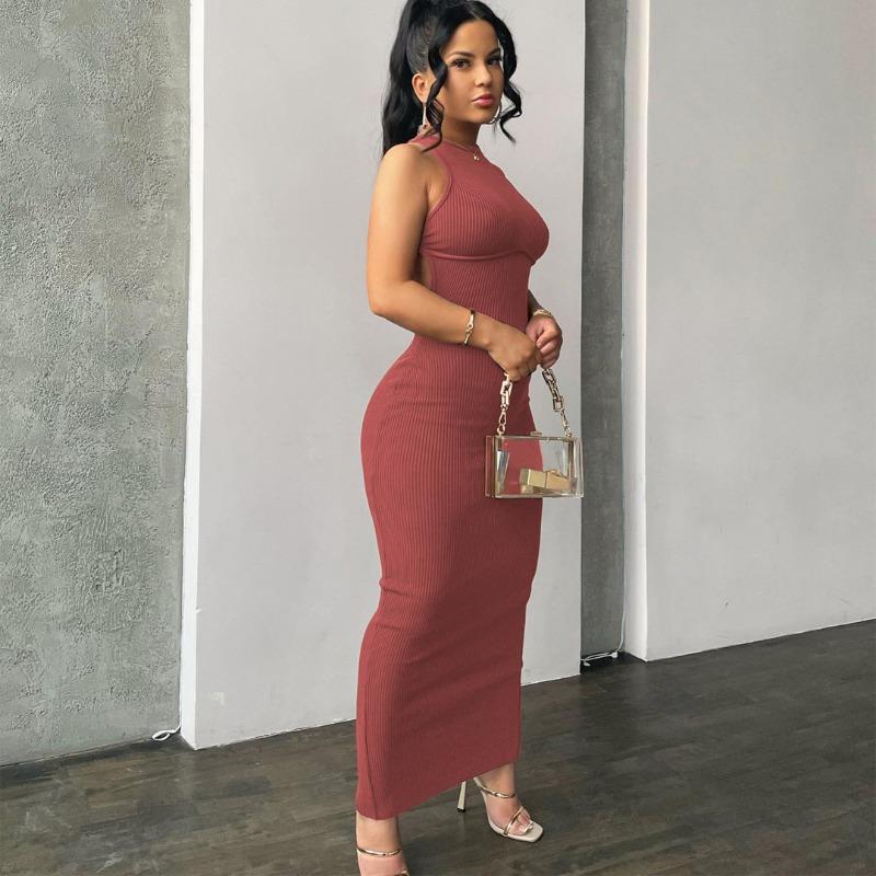 Summer New Sleeveless Backless Slim Fit Sexy Dress Women Elegant Solid Casual Party Club Long Dresses Women Vintage Fashion Knitted Ladies Dress 26529