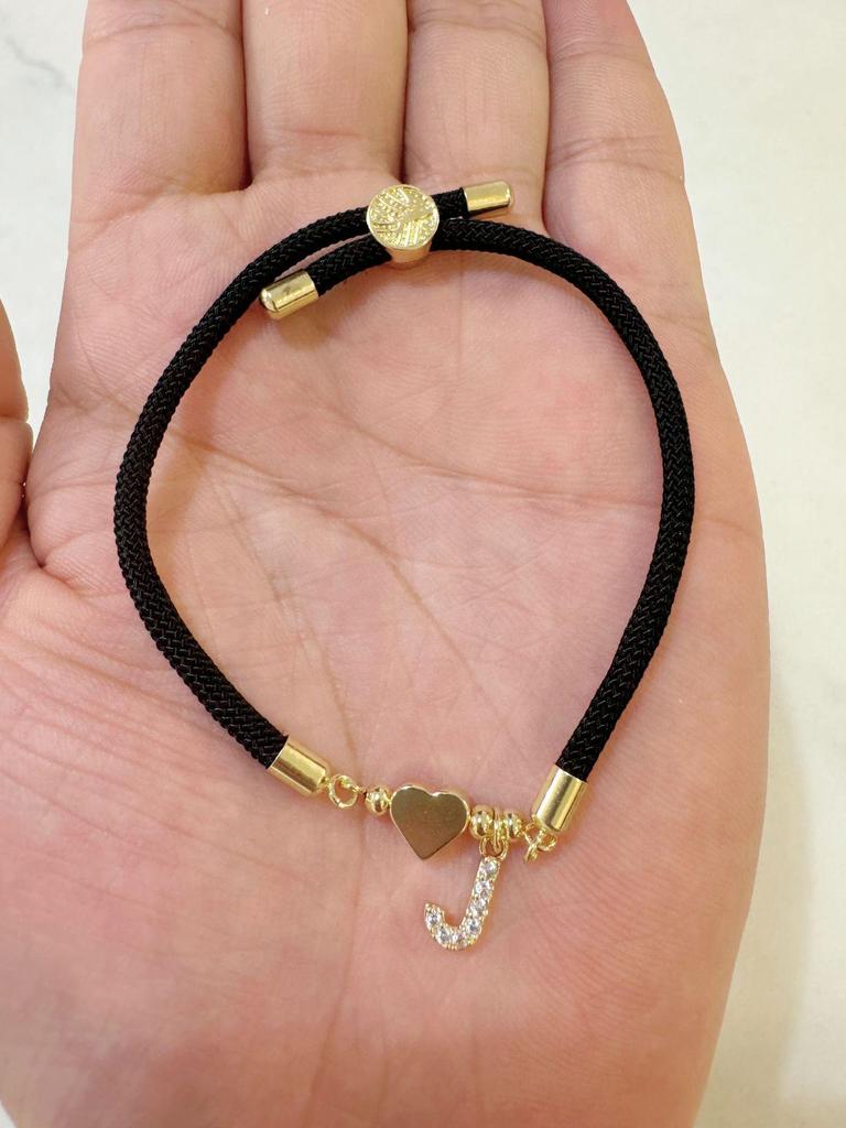Classic A-Z Initial Heart Bracelet with Zircon on Adjustable Black Cord
