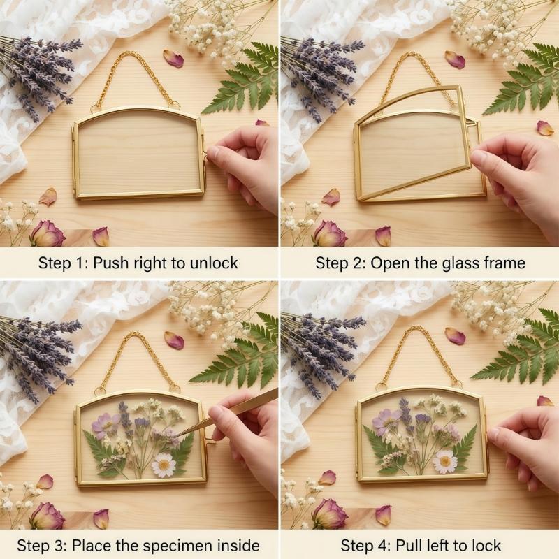 2 Piece Double Glass Miniature Photo Frame With Hanging Chain For Dried Flower Plant And Picture Display Wall Decors