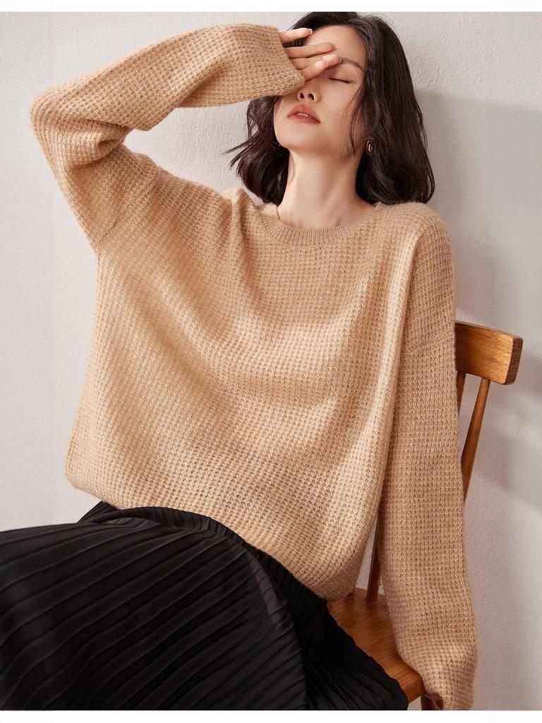 Women's Loose Fit Cashmere Pullover Sweater - Versatile Round Neck Knitted Top
