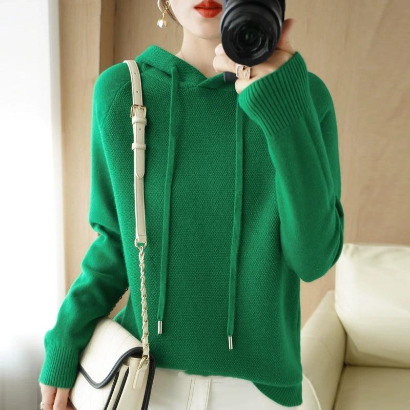 Suéter com Capuz Feminino Primavera e Outono Moletom Camiseta Básica com Suéter Tricotado Casual Tamanho Grande Suéter com Capuz Feminino