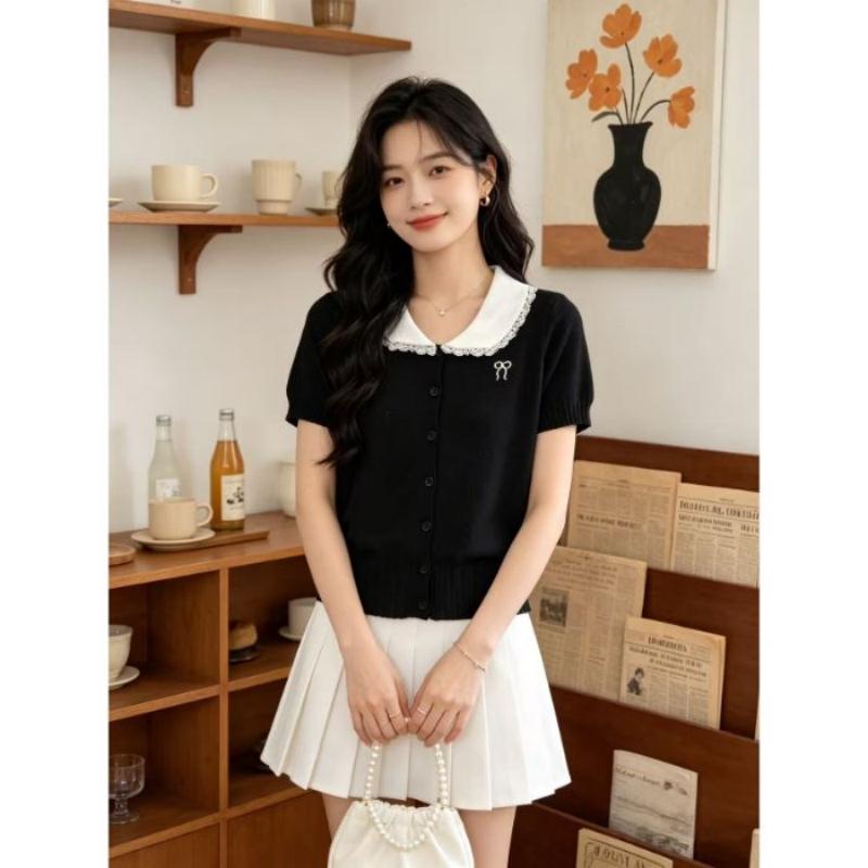 Summer New Style Bow-knitted Cardigan Casual Versatile Top Sweet Style Baby Doll Collar Short-sleeved Knitted Sweater for Women