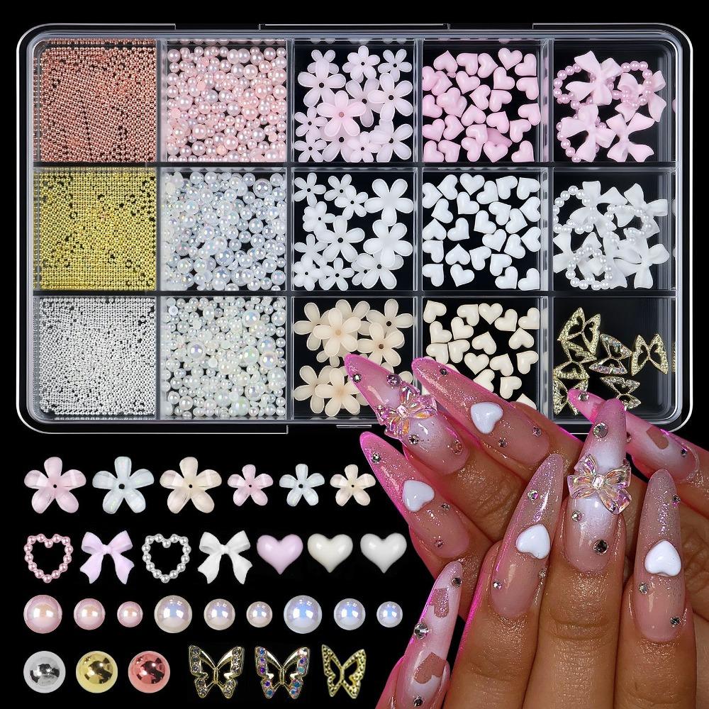 15Grids/Box Mixed Bowknot Pearl Heart 3D Nail Charms Resin Flatback Nail Rhinestones Flower Cherry Strawberry