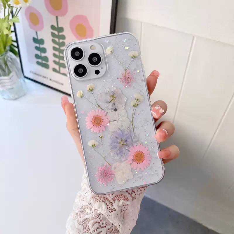 Custodia per cellulare con fiore in lamina d'oro per Apple 17 Promax Fiori veri per iPhone 16 Piccola e Fresca 15 Custodia Morbida
