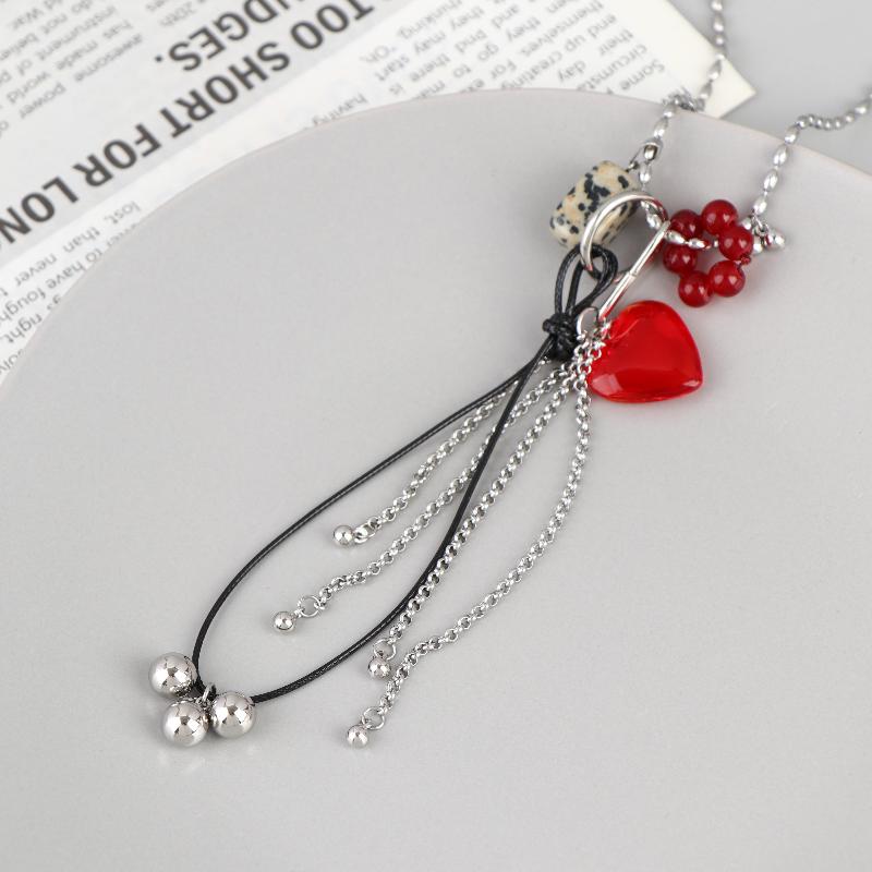 Colorful  Heart Tassel Pendant Necklace For Women Girls Spotted Squares Charm Long Chain Neck Jewelry Gift