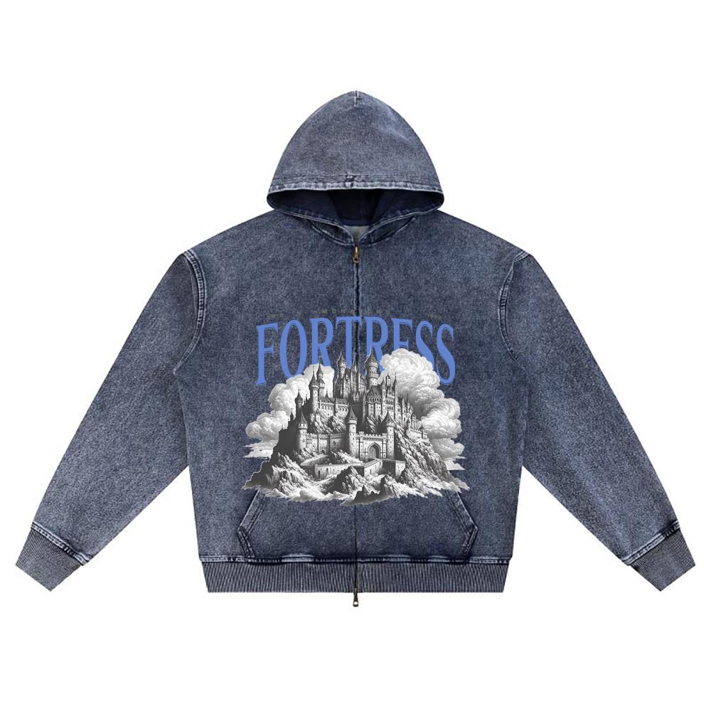 

DTG print Knitted Denim Zip-Up Hoodie Castle Graphic Brother Print Zipper Hoodies XL темно-синий