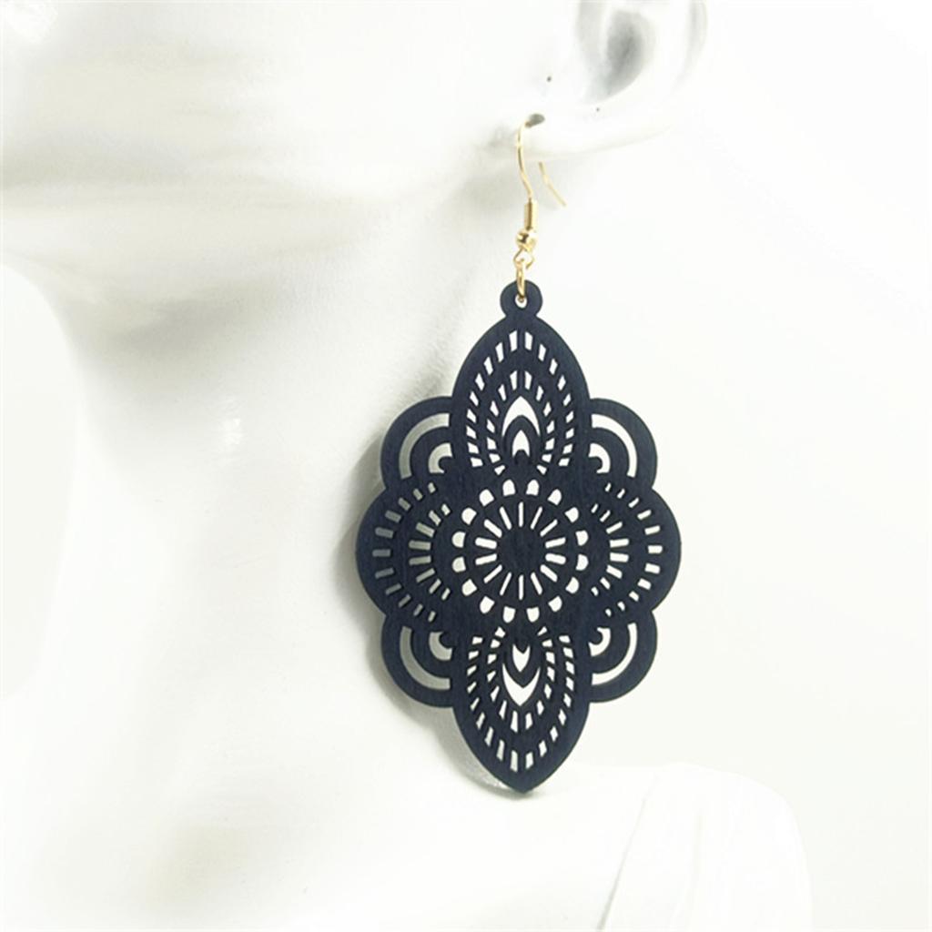 New Vintage Ethnic Style Long Wooden Earrings with Carved Patterns