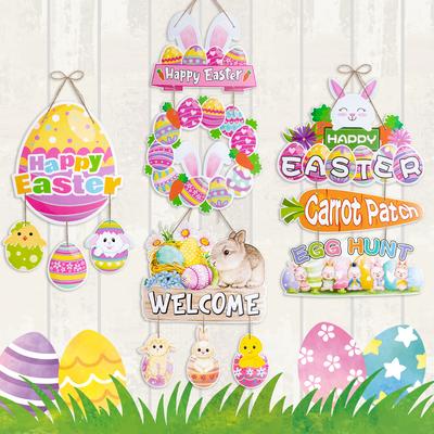Décoration de Pâques Pendentif de Porte Lapin en Papier Œuf Carotte Panneau Bienvenue Ornement Suspendu Chasse aux Œufs de Pâques Fête de Printemps Décor Mural