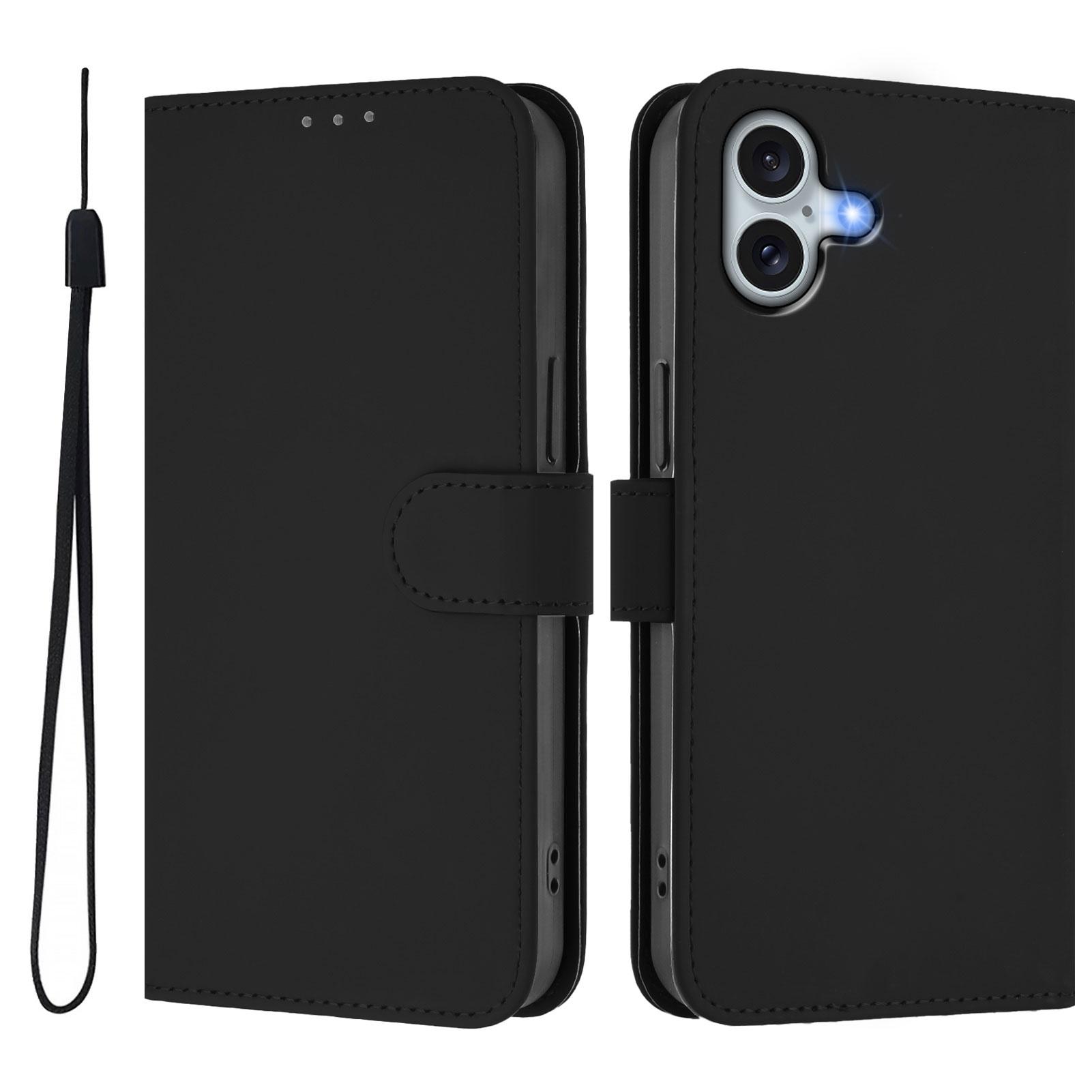 

For iPhone 16 Plus Case Solid Color Wallet Leather Phone Cover with Strap A