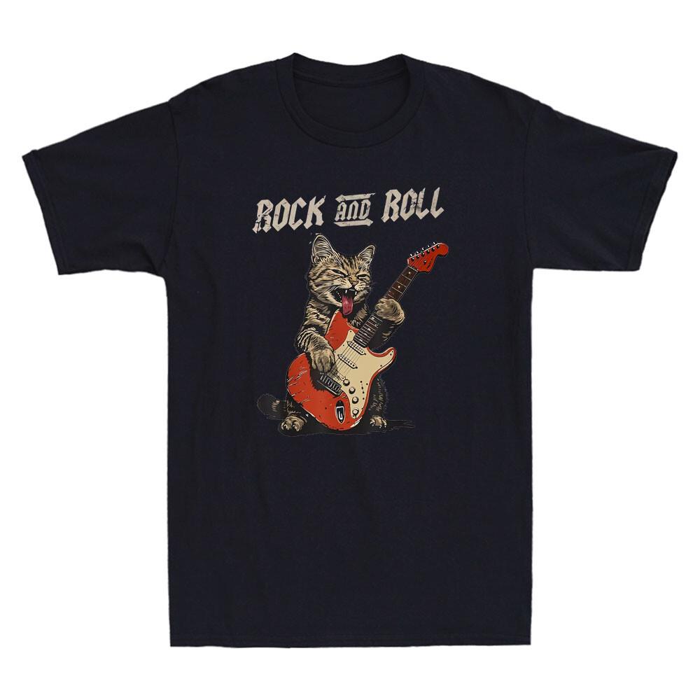 

Rock and Roll Guitar Cat Tshirt Funny Cat Playing Guitar Graphic Vintage Men s T-Shirt Men Summer Crewneck Cotton Short Sleev... S разноцветный