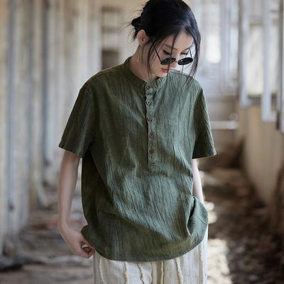 Women Vintage T-Shirts Stand Short Sleeve Summer Button Chinese Style Loose T-Shirts