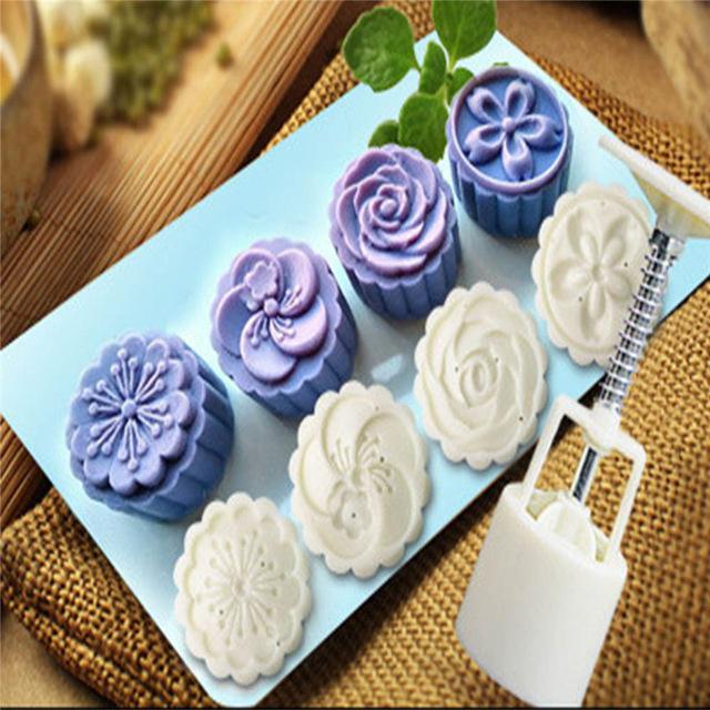 5Pcs/Set Flower Decor Mold 4 Stamps Pastry Hand Pressing Cookie MoonCake Cutter