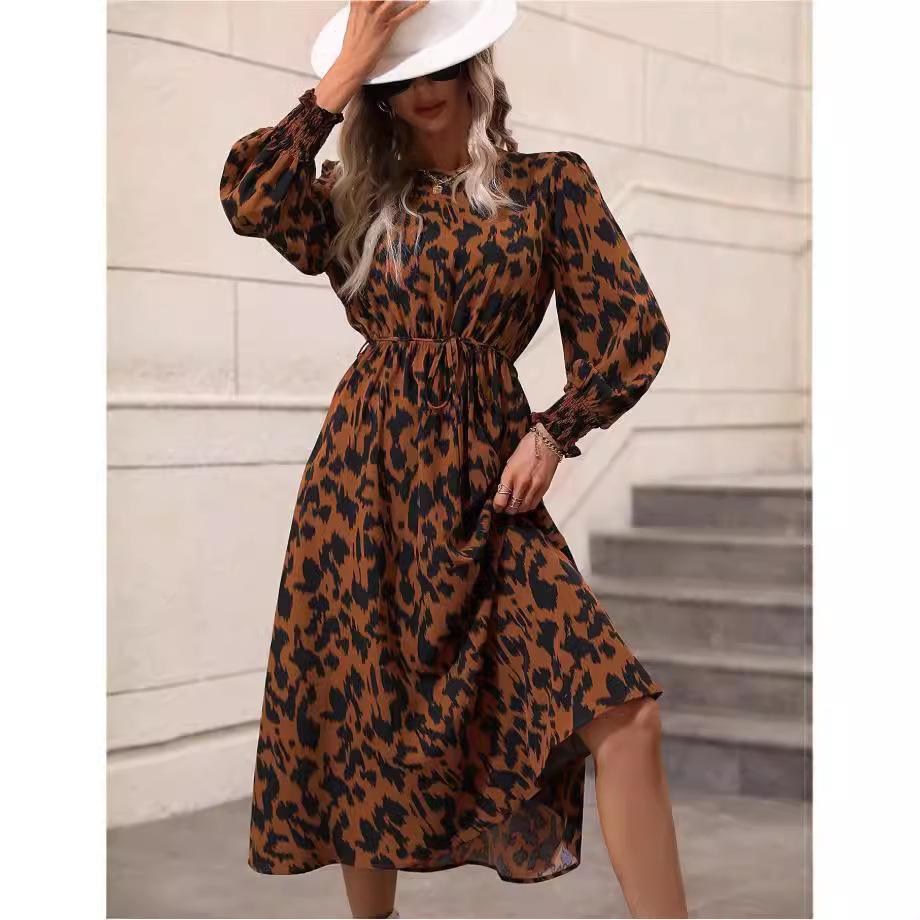 Europe, America, Autumn and Winter New Women's Clothing Leopard Print Lace-up Long-sleeved Pendulum Dress
