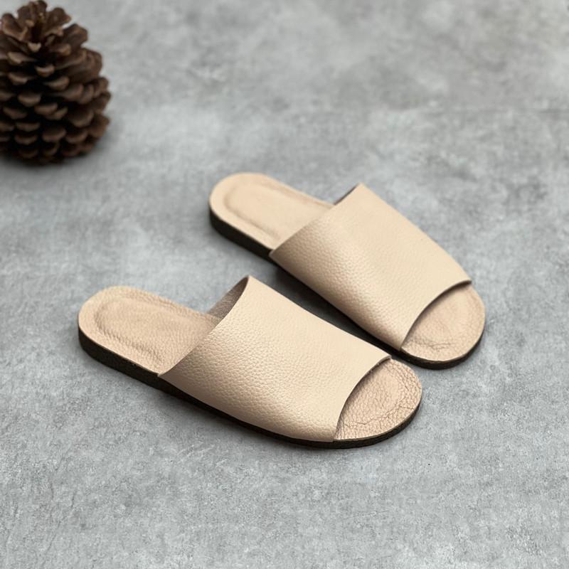 Fashion Cowhide Women Slippers Flat Women Shoes Summer Breathable Fish Mouth Open Toe Inner Outer Leather