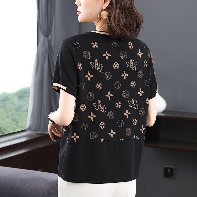 Loose T-shirt Middle-aged Mother Dress Versatile Slim Black Short-sleeved Printed Top  Women T-shirt
