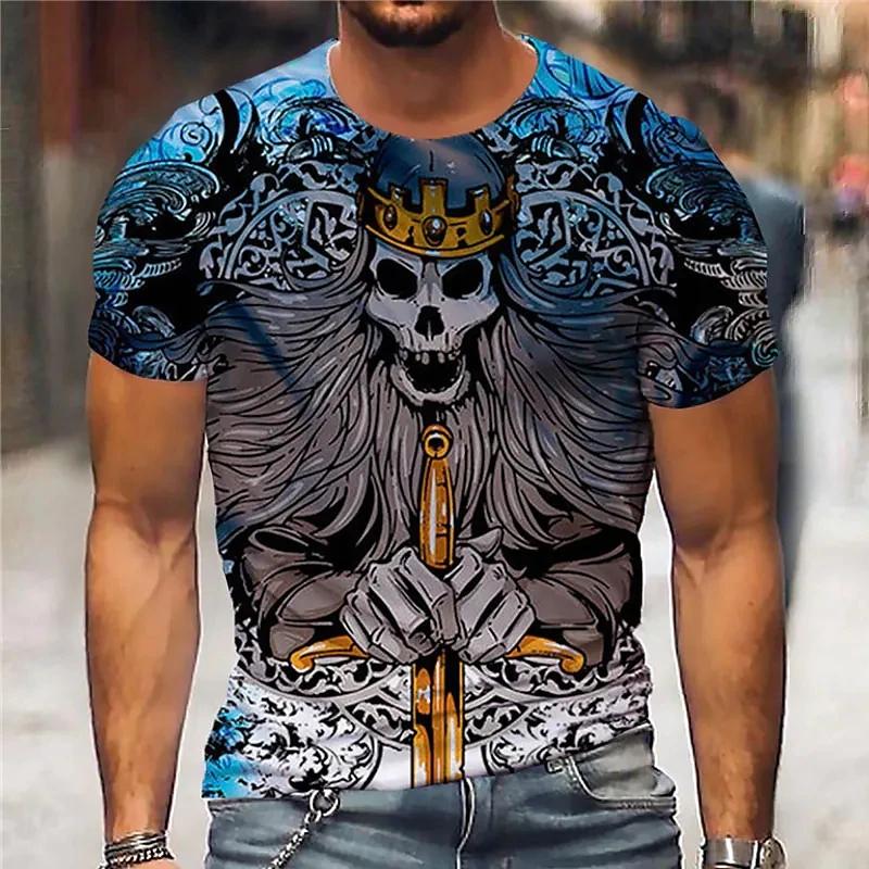 Summer Round Neck 3D Vintage Horror Skull Print Top Fashionable Casual Short Sleeved Men's T-shirts