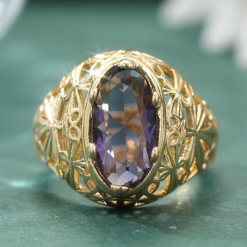 Classic Oval Purple Synthetic Zircon Ring For Women Fashion Golden Color Bride Wedding Ring Vintage Jewelry