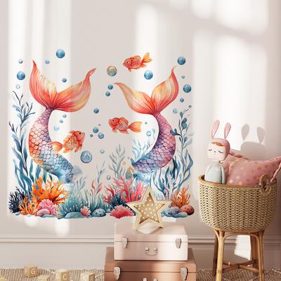2 Pcs Creative Mermaid Tail Coral Seaweed Bedroom Living Room Background Landscaping Decoration Wall Stickers