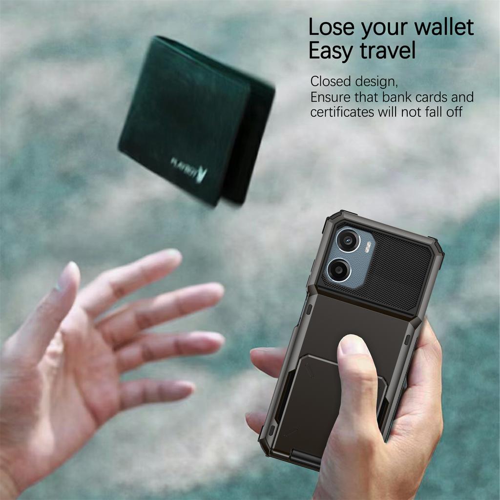 For Motorola Moto E15 4G Case PC+TPU Dual Layer Back Phone Cover with Card Holder