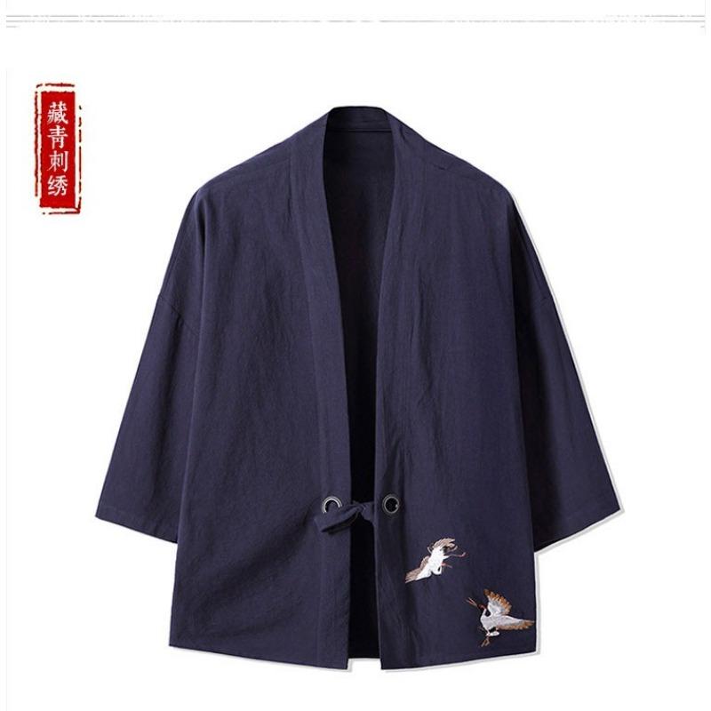 Men Chinese Style Retro Crane Embroidered Loose Open Front Hanfu Kimono Cardigan